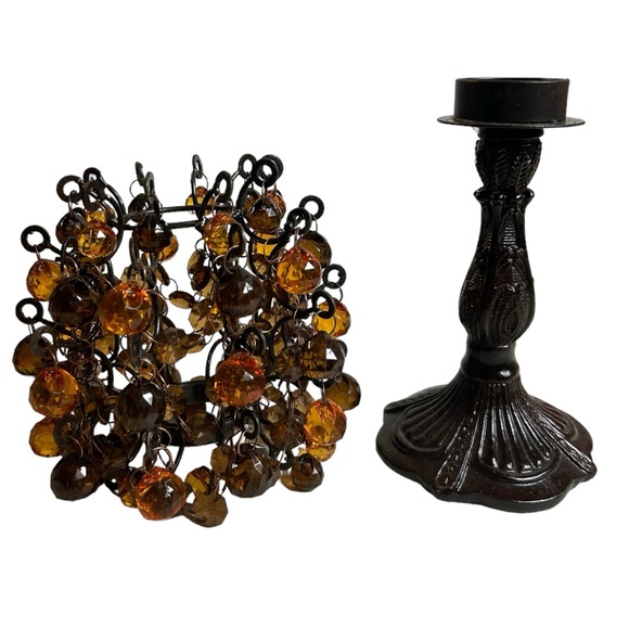 Tea Light Candle Lamp Amber Brown Beaded Cedar Creek Collection Tree Style Vtg - Picture 6 of 7